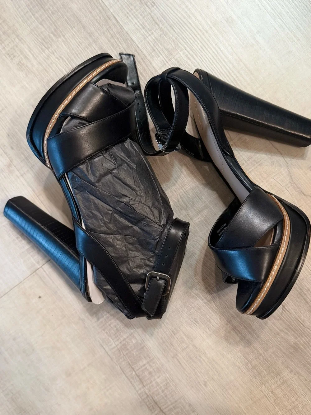 Aldo Black Leather Platform Ankle-Strap Heels